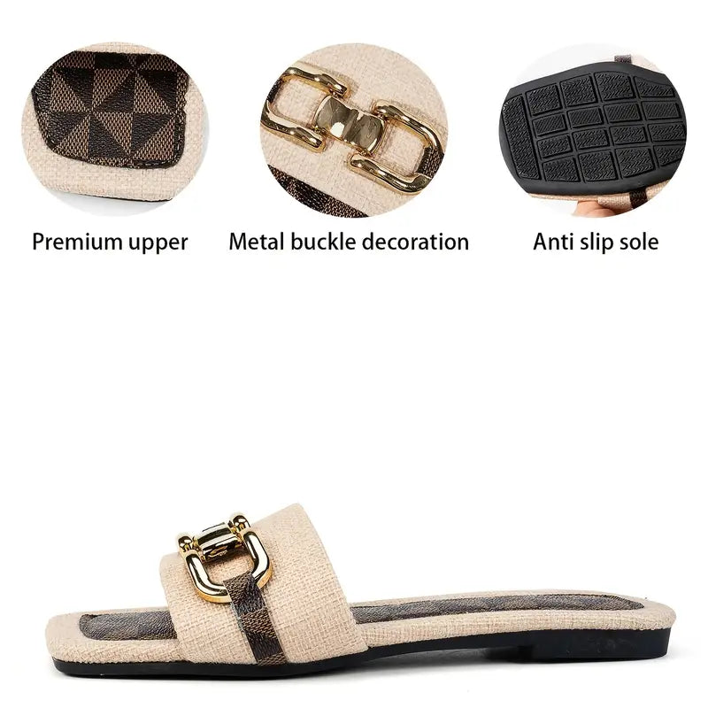 Women's Fashionable Beige Linen Slide Sandals