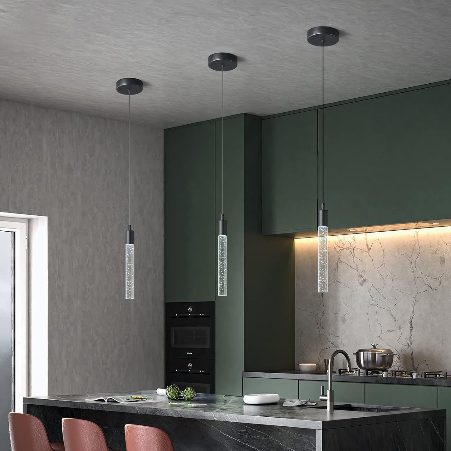 Modern Kitchen Island Pendant Light Dimmable LED Black (PACK 3)