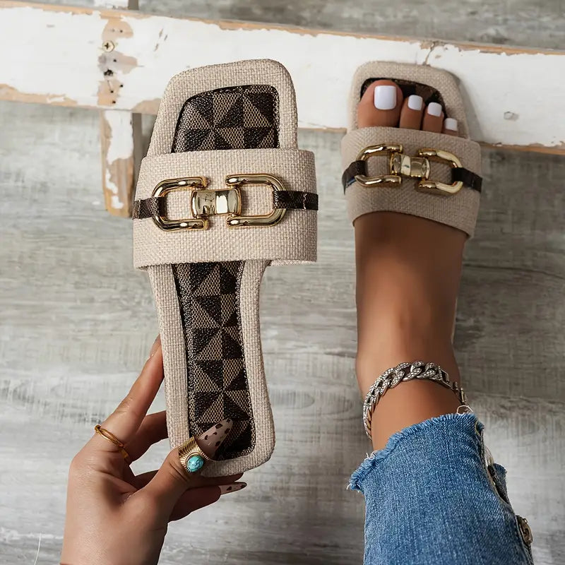 Women's Fashionable Beige Linen Slide Sandals